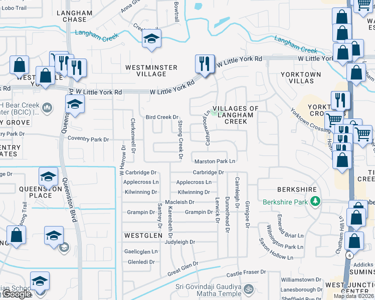 map of restaurants, bars, coffee shops, grocery stores, and more near 5722 Strong Creek Drive in Houston