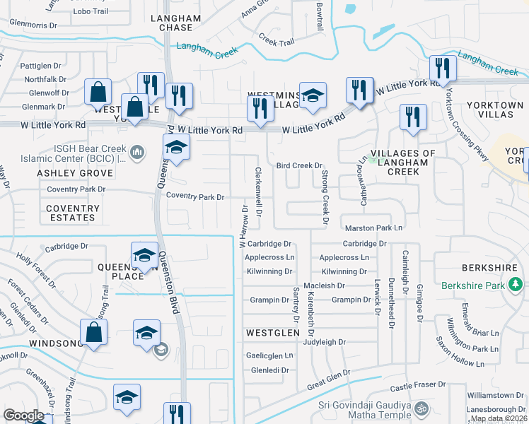 map of restaurants, bars, coffee shops, grocery stores, and more near 5727 Clerkenwell Drive in Houston