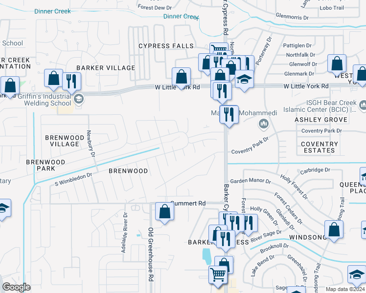 map of restaurants, bars, coffee shops, grocery stores, and more near 6035 Wesley Manor Court in Katy