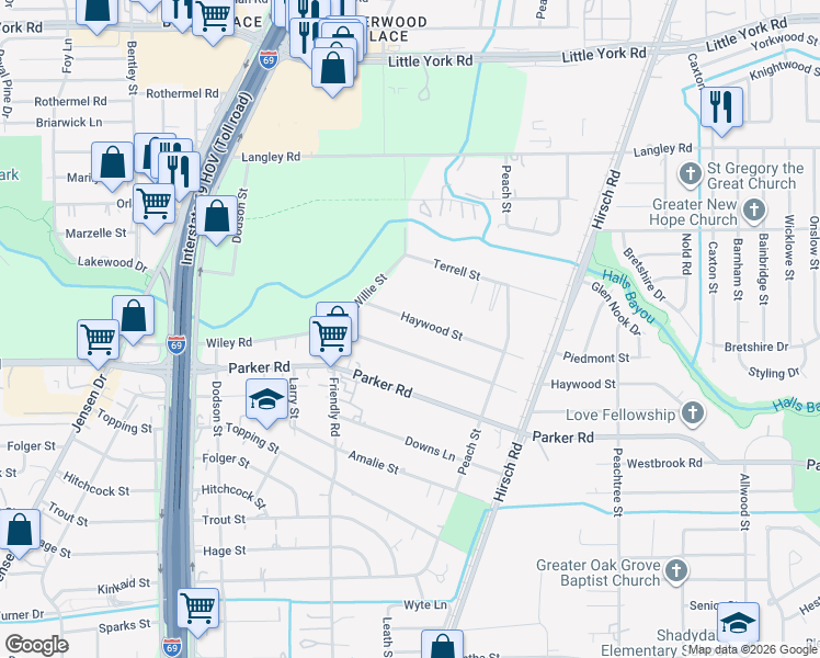 map of restaurants, bars, coffee shops, grocery stores, and more near 4403 Wiley Road in Houston