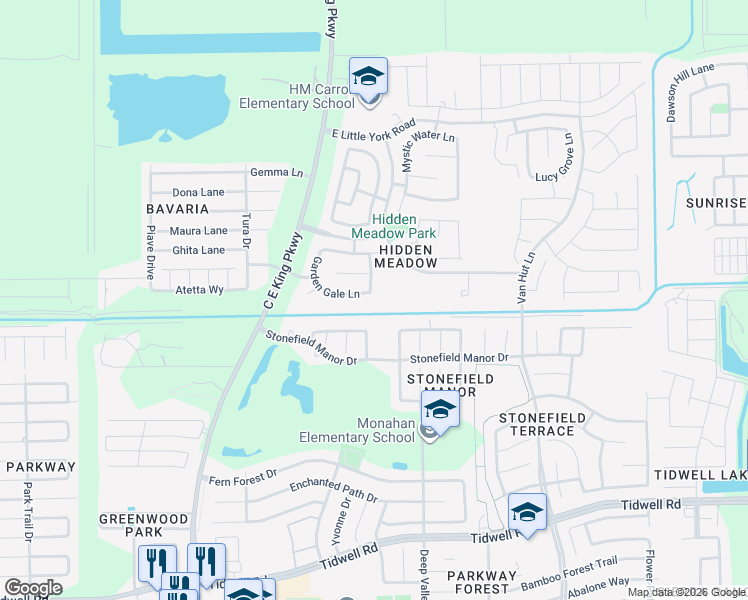 map of restaurants, bars, coffee shops, grocery stores, and more near 12542 Garden Gale Lane in Houston