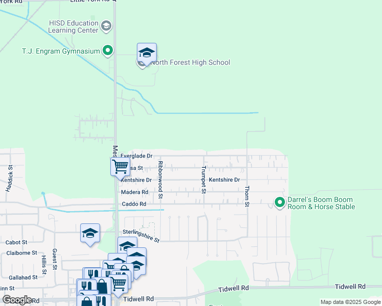 map of restaurants, bars, coffee shops, grocery stores, and more near 9117 Everglade Drive in Houston