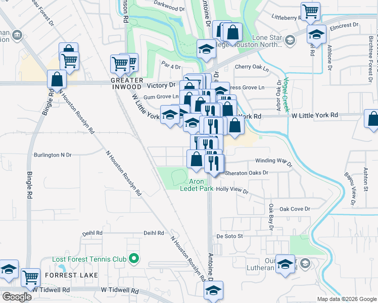 map of restaurants, bars, coffee shops, grocery stores, and more near 6417 Antoine Drive in Houston