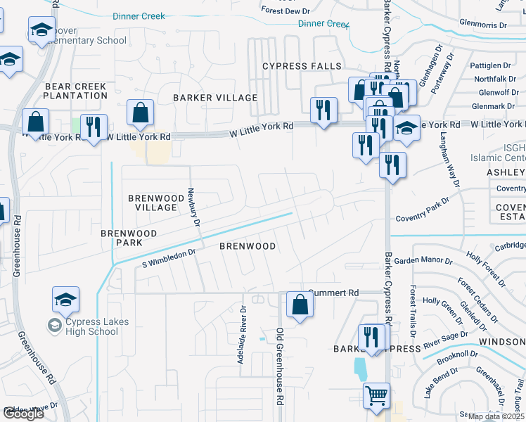 map of restaurants, bars, coffee shops, grocery stores, and more near 18439 North Wimbledon Drive in Katy