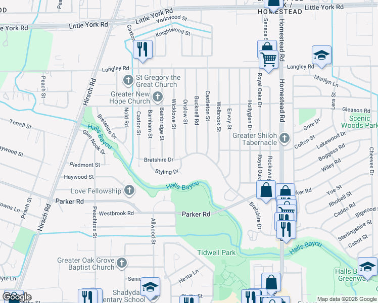 map of restaurants, bars, coffee shops, grocery stores, and more near 5601 Bretshire Drive in Houston