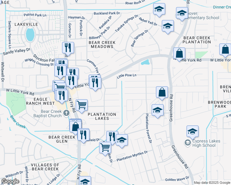 map of restaurants, bars, coffee shops, grocery stores, and more near 19614 Green Oasis Court in Katy