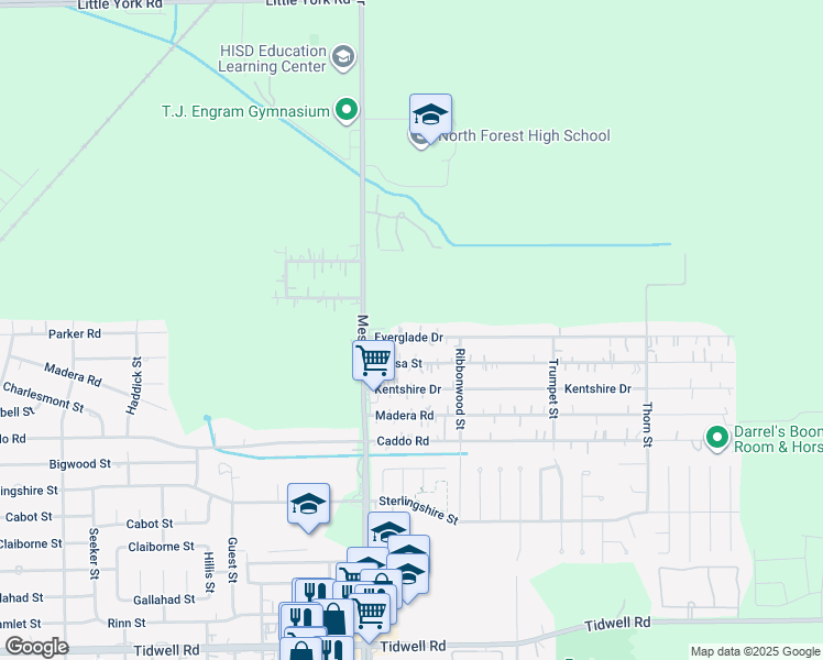 map of restaurants, bars, coffee shops, grocery stores, and more near 8837 Everglade Drive in Houston