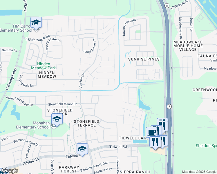 map of restaurants, bars, coffee shops, grocery stores, and more near 13238 Clifton Hill Lane in Houston