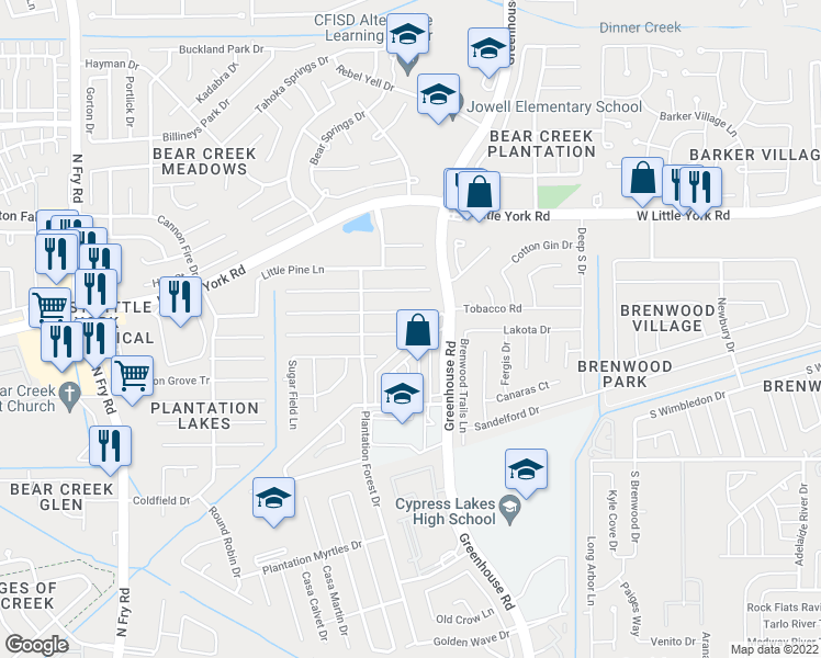 map of restaurants, bars, coffee shops, grocery stores, and more near 19302 Rum River Court in Katy