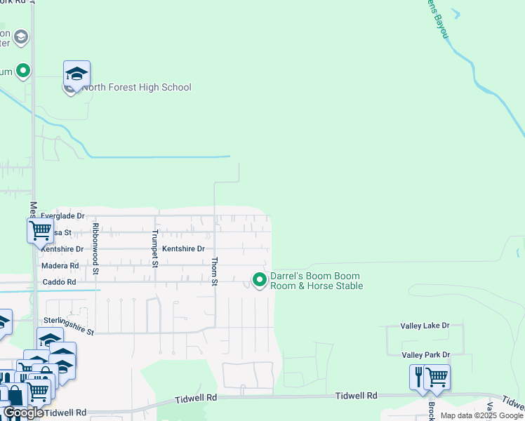map of restaurants, bars, coffee shops, grocery stores, and more near 9525 Everglade Drive in Houston