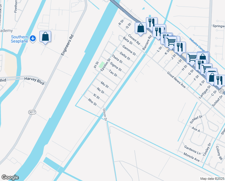 map of restaurants, bars, coffee shops, grocery stores, and more near 808 Barriere Road in Belle Chasse