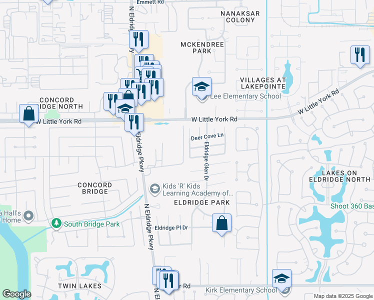 map of restaurants, bars, coffee shops, grocery stores, and more near 6115 Dove Fern Court in Houston