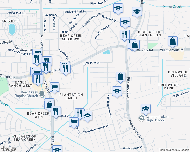 map of restaurants, bars, coffee shops, grocery stores, and more near 19539 Rum River Court in Katy