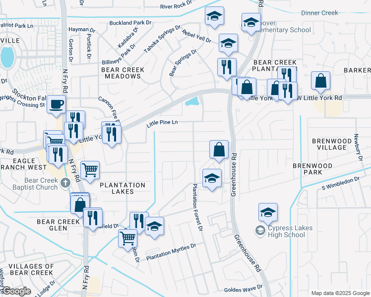 map of restaurants, bars, coffee shops, grocery stores, and more near 19451 Rum River Court in Katy