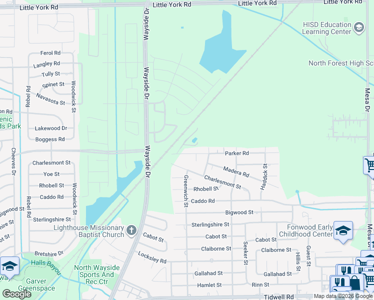 map of restaurants, bars, coffee shops, grocery stores, and more near 8044 Parker Road in Houston