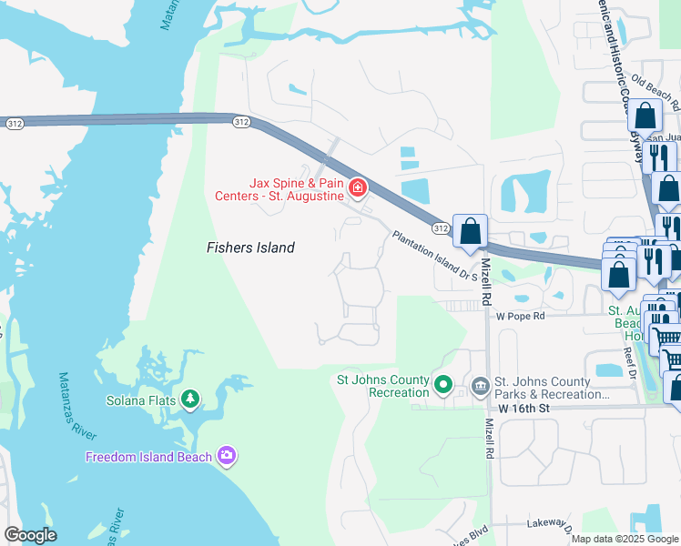 map of restaurants, bars, coffee shops, grocery stores, and more near 19201 Harbour Vista Circle in St. Augustine