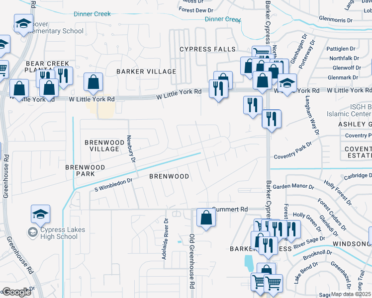 map of restaurants, bars, coffee shops, grocery stores, and more near 18439 North Wimbledon Drive in Katy