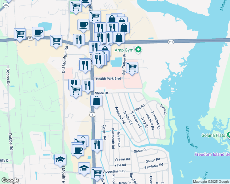 map of restaurants, bars, coffee shops, grocery stores, and more near 302 Shore Drive in St. Augustine