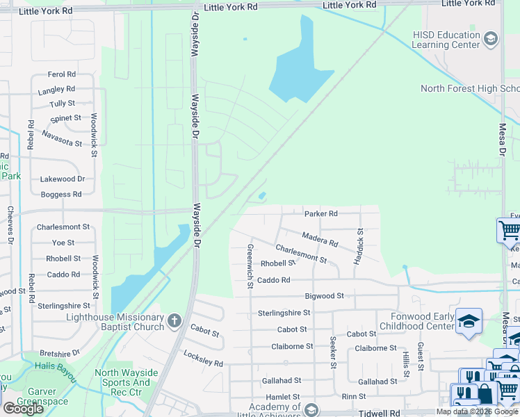 map of restaurants, bars, coffee shops, grocery stores, and more near 8118 Parker Road in Houston