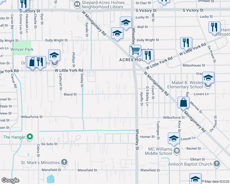 map of restaurants, bars, coffee shops, grocery stores, and more near 1208 Bland Street in Houston