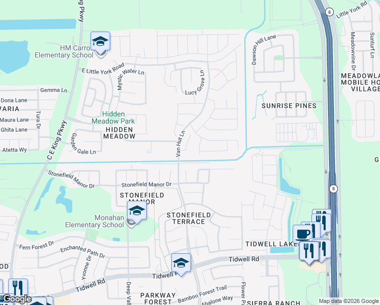 map of restaurants, bars, coffee shops, grocery stores, and more near 9706 Vanessa Glen Court in Houston