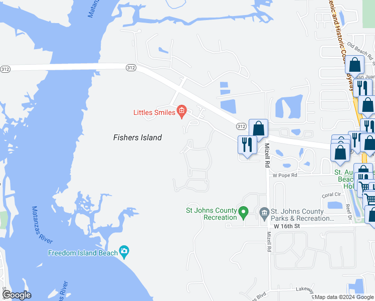 map of restaurants, bars, coffee shops, grocery stores, and more near 37213 Harbour Vista Circle in St. Augustine