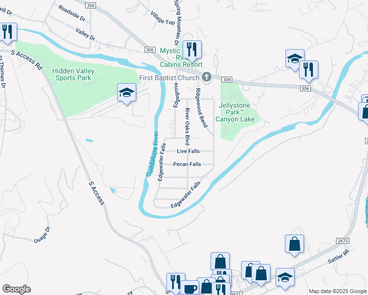 map of restaurants, bars, coffee shops, grocery stores, and more near 611 Live Falls in Canyon Lake