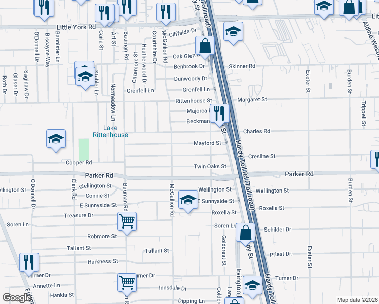 map of restaurants, bars, coffee shops, grocery stores, and more near 806 Cresline Street in Houston