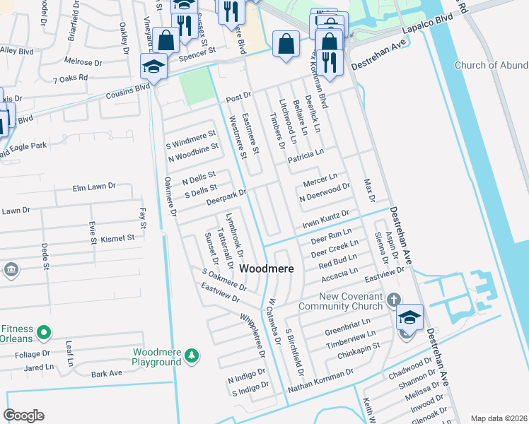 map of restaurants, bars, coffee shops, grocery stores, and more near 2436 West Sunny Meade Drive in Harvey