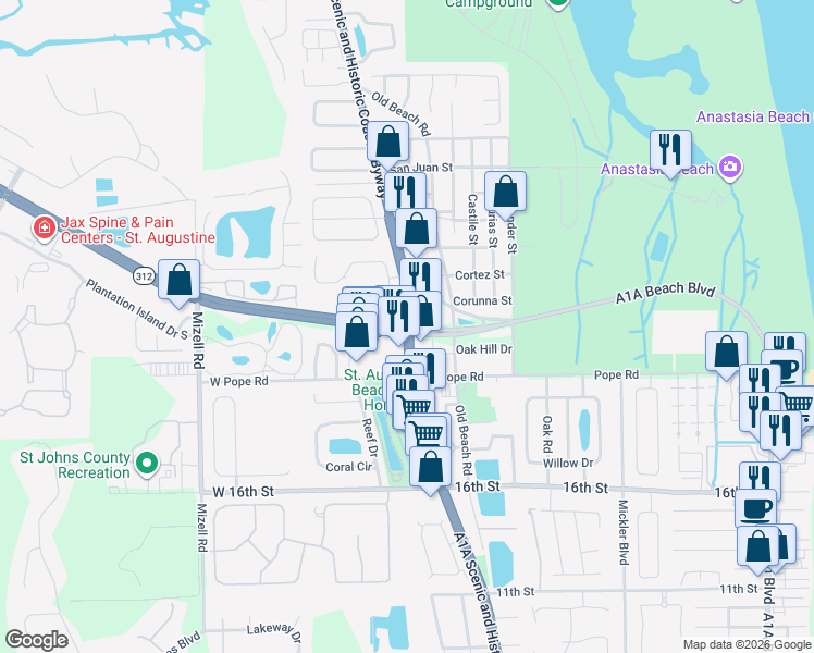 map of restaurants, bars, coffee shops, grocery stores, and more near 1869 Highway A1A in St. Augustine