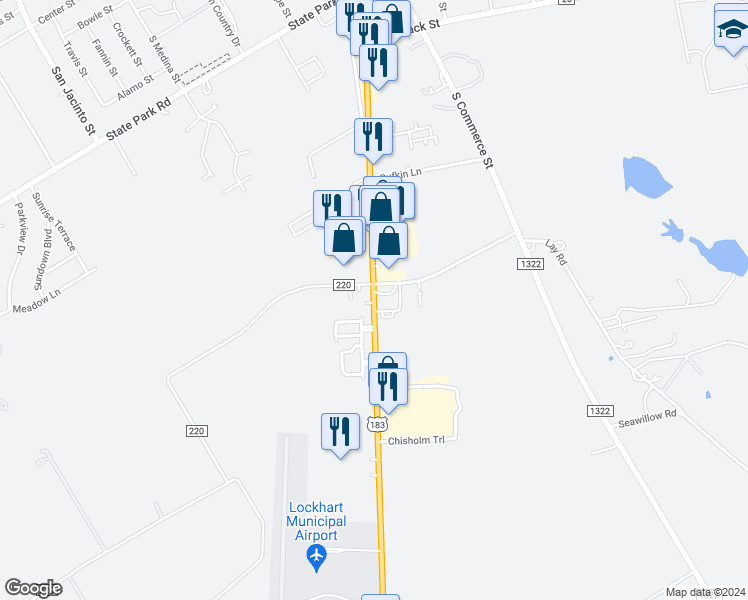 map of restaurants, bars, coffee shops, grocery stores, and more near 1816 U.S. 183 in Lockhart