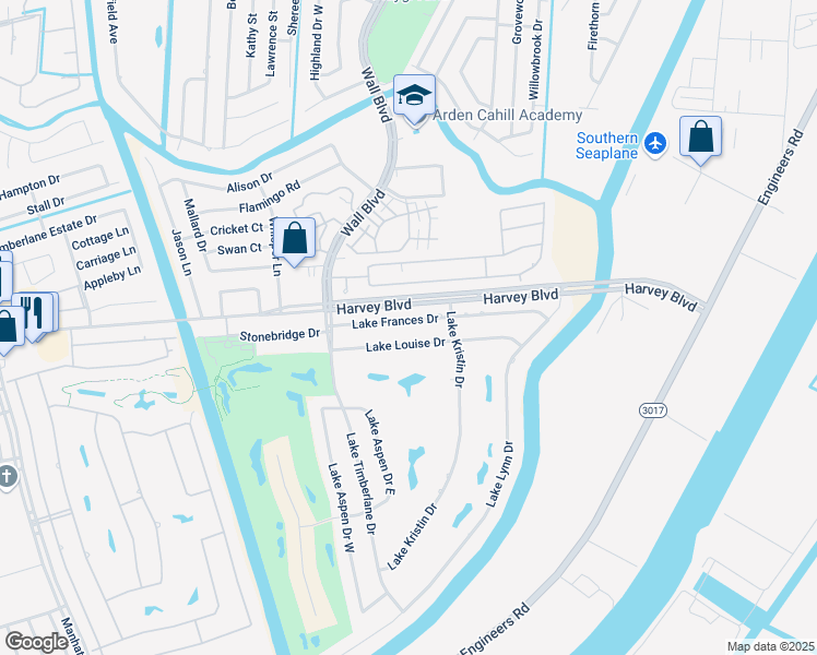 map of restaurants, bars, coffee shops, grocery stores, and more near 1224 Lake Frances Drive in Gretna