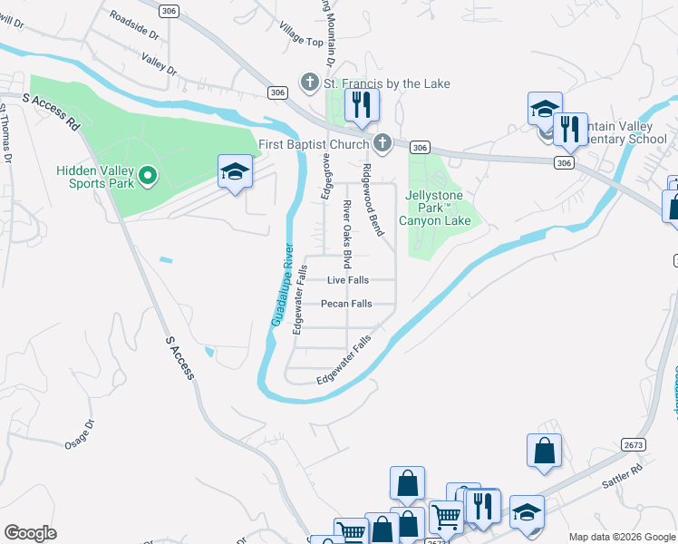 map of restaurants, bars, coffee shops, grocery stores, and more near 611 Live Falls in Canyon Lake