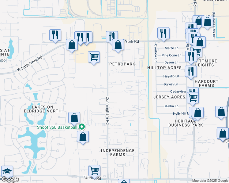 map of restaurants, bars, coffee shops, grocery stores, and more near 6324 Cunningham Road in Houston