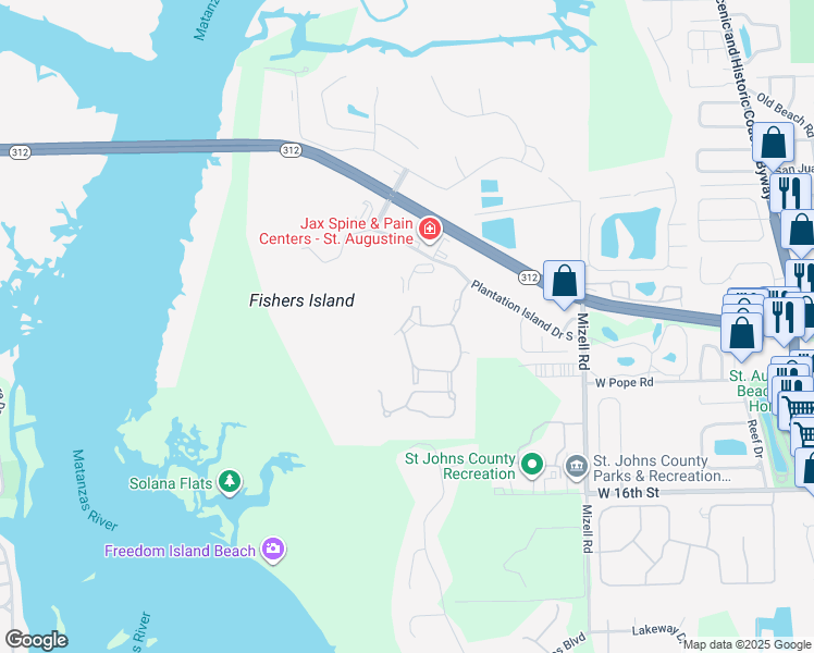 map of restaurants, bars, coffee shops, grocery stores, and more near 19201 Harbour Vista Circle in St. Augustine