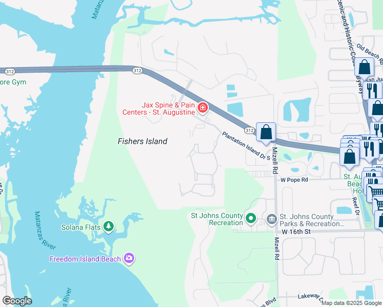 map of restaurants, bars, coffee shops, grocery stores, and more near 19201 Harbour Vista Circle in St. Augustine