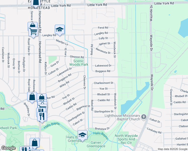 map of restaurants, bars, coffee shops, grocery stores, and more near 7602 Parker Road in Houston