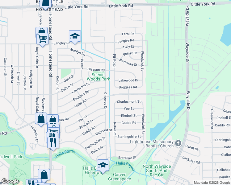 map of restaurants, bars, coffee shops, grocery stores, and more near 7602 Parker Road in Houston