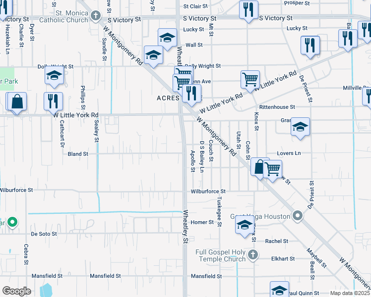 map of restaurants, bars, coffee shops, grocery stores, and more near 6629 Apollo Street in Houston