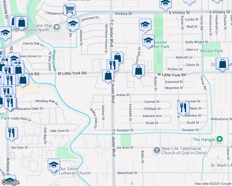 map of restaurants, bars, coffee shops, grocery stores, and more near 3239 Areba Street in Houston