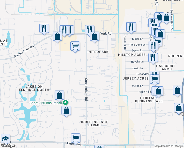 map of restaurants, bars, coffee shops, grocery stores, and more near 6324 Cunningham Road in Houston