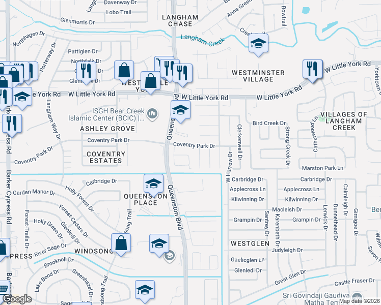 map of restaurants, bars, coffee shops, grocery stores, and more near 17215 Hollow Sands Court in Houston
