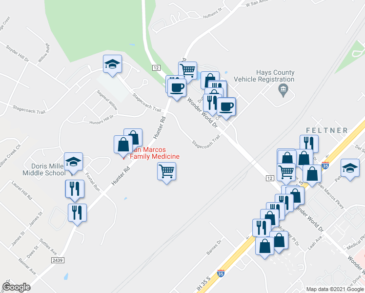 map of restaurants, bars, coffee shops, grocery stores, and more near 250 South Stagecoach Trail in San Marcos