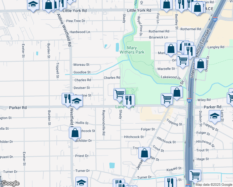 map of restaurants, bars, coffee shops, grocery stores, and more near 10300 Shady in Houston