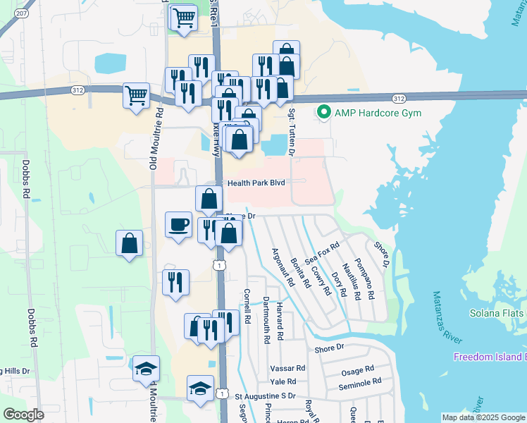 map of restaurants, bars, coffee shops, grocery stores, and more near 210 Shore Drive in St. Augustine