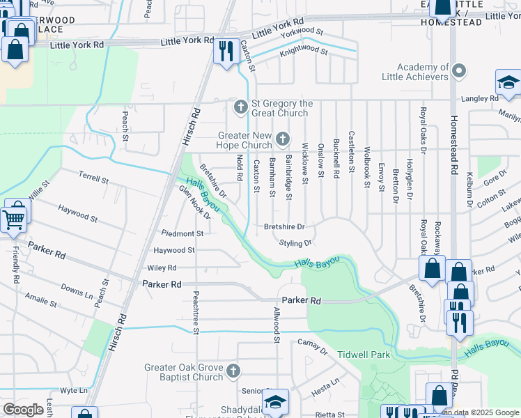 map of restaurants, bars, coffee shops, grocery stores, and more near 10318 Caxton Street in Houston