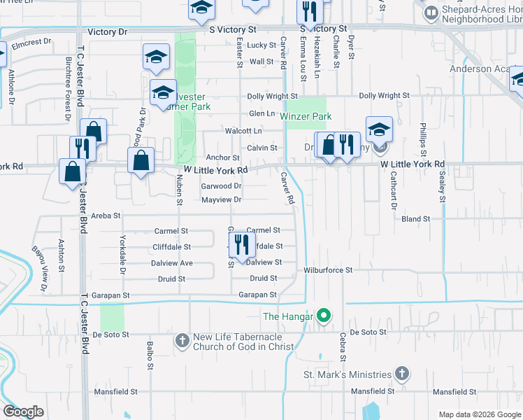 map of restaurants, bars, coffee shops, grocery stores, and more near 2445 Areba Street in Houston