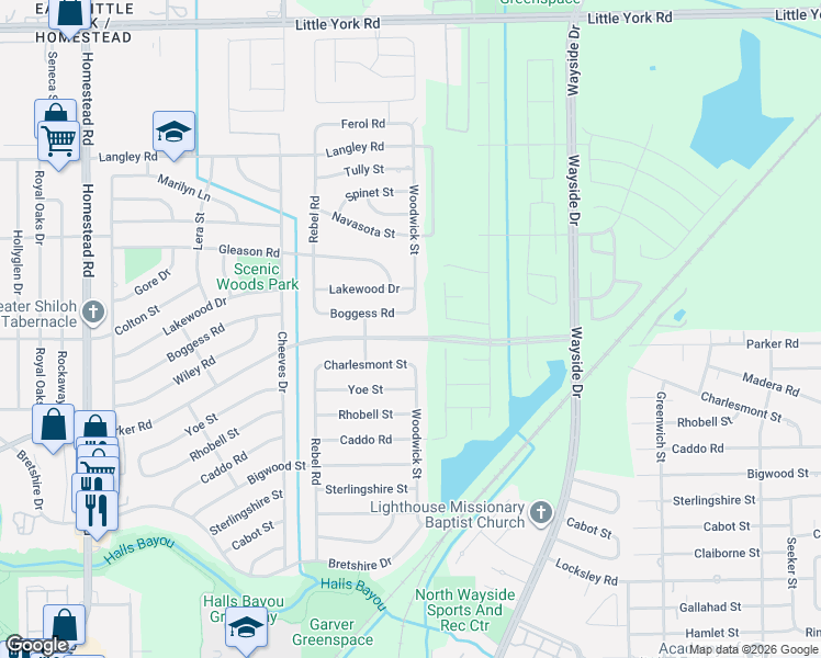 map of restaurants, bars, coffee shops, grocery stores, and more near 7742 Parker Road in Houston
