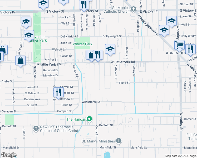 map of restaurants, bars, coffee shops, grocery stores, and more near 6626 Mcwilliams Drive in Houston