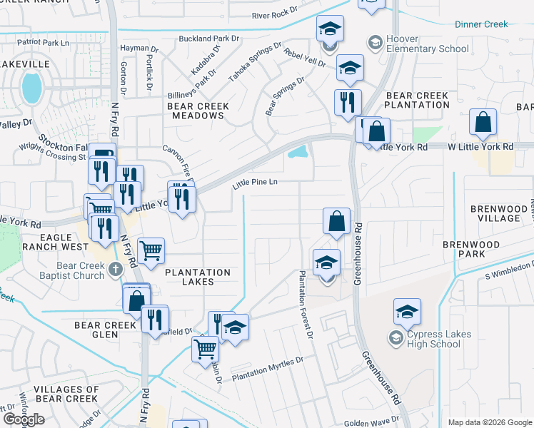 map of restaurants, bars, coffee shops, grocery stores, and more near 19539 Rum River Court in Katy